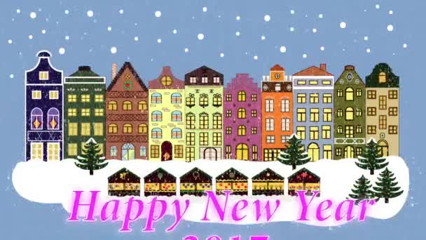 Kerst winter stad. Sneeuwval. Inscriptie Happy new year. — Stockvideo