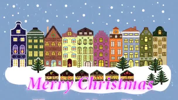 Christmas winter city. Snowfall. Inscription Merry Christmas and Happy new year and 2017. — Stock Video