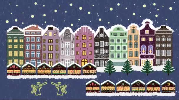 Boże Narodzenie zimowe miasto. Opady śniegu. — Wideo stockowe