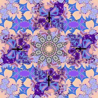 Vektör çizimi. Tarafsız, mavi ve mor renkte çiçekler. Tropik, dikişsiz çiçek deseni..