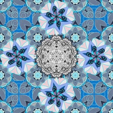 Vektör El, zentangle çiçekli nötr, gri ve mavi renkler çizdi. Soyut süslemeli kusursuz desen.