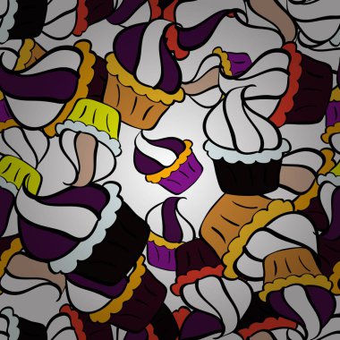 Moda baskısı, hatıra defteri, ambalaj kağıdı ve çizim için kusursuz desenli zarif dekoratif süs. Mor, beyaz ve siyah renkli Vektör illüstrasyonunda resimler.