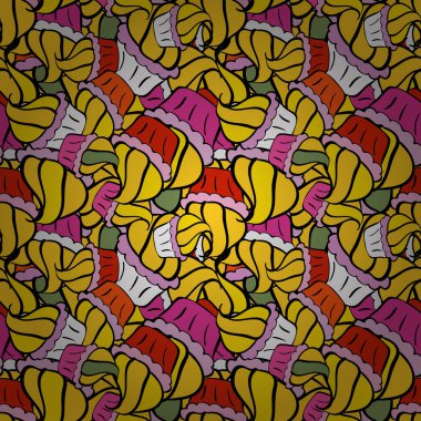 Sarı, siyah ve nötr arkaplanda kusursuz kek deseni. Vektör çizimi. Paket kağıdı.