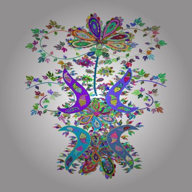 Karalamalar beyaz, yeşil ve mavi renklerde. Çiçeksel elementlerle kusursuz zarif vektör dokusu.