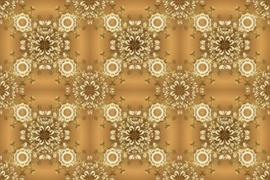 Altın elementlerle bej ve kahverengi renklerde altın desen. Süslü dekorasyon. Lüks, kraliyet ve Viktorya dönemi konsepti. Raster klasik barok çiçeksiz altın desenli..