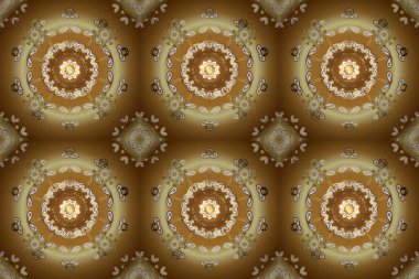 Kusursuz desenli altın elementler. Kart, duvar kağıdı, ambalaj ve tekstil için klasik tasarım. Klasik çiçek dokusu. Bej, kahverengi ve sarı renklerde Royal retro. Raster illüstrasyonu. Altın şablon.