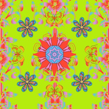 El çizimi çiçekli, soyut, pürüzsüz desen. Pembe, turuncu ve yeşil renkli çiçekler. Vektör illüstrasyonu.