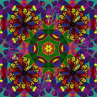 Vektör çizimi. Klasik çiçek tasarımı elementleri. Kırmızı, mavi ve siyah kıvırcık çiçekler kırmızı, mavi ve siyah renkte şekillenir..