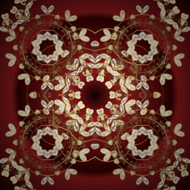 Kırmızı ve kahverengi renklerde altın elementler. Geleneksel klasik klasik, kusursuz vektör kalıbı. Barok tarzında kusursuz bir doğulu süsü..