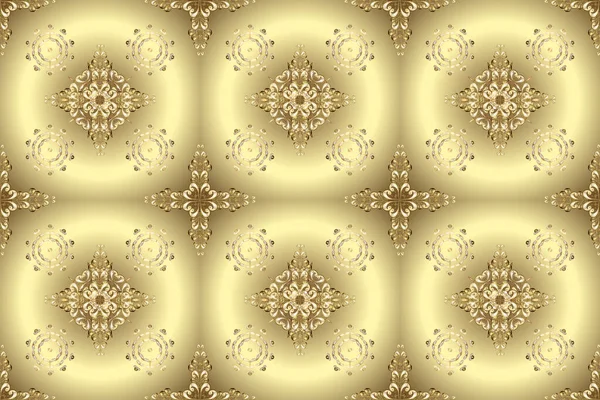 Raster seamless pattern with gold antique floral medieval decorative, leaves and golden pattern ornaments on neutral and beige colors. Seamless royal luxury golden baroque damask vintage.
