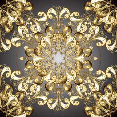 Vektör çizimi. Gri ve bej renklerde, altın elementlerle klasik, pürüzsüz desen.