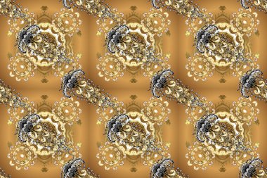 Turuncu, bej ve kahverengi üzerine altın kar taneleri. Noel altın kar tanesi kusursuz desen. Sembol bayramı, yeni yıl kutlamaları, altın desenler. Kış kar dokusu duvar kağıdı.