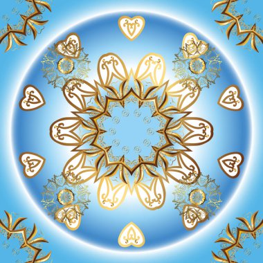 Mavi ve nötr renklerde, altın elementlerle kusursuz klasik desen. Noel, kar tanesi, yeni yıl 2019.