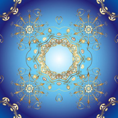 Çiçek süsü kumaş deseni, cam, çiçek desenli metal mavi ve menekşe rengi ve altın elementler. Klasik vektör altın desen.