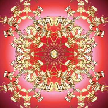 Vektör altın desen. Pembe ve kırmızı renklerdeki altın desenli altın elementler. Arkaplan, kumaş, altın çizim. Düz elle çizilmiş vintage koleksiyonu.