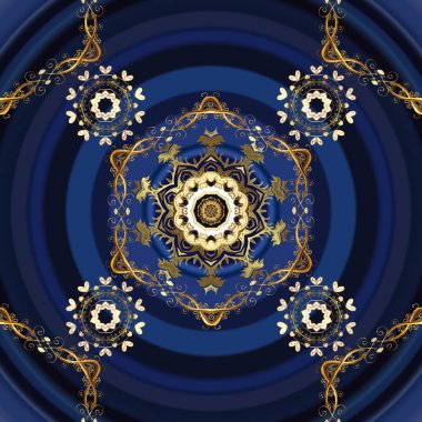 Altın elementli mavi ve gri renkler. Çiçek desenli altın metal. Kusursuz altın desen. Vektör altın çiçek süsü brokar kumaş ve cam desen.