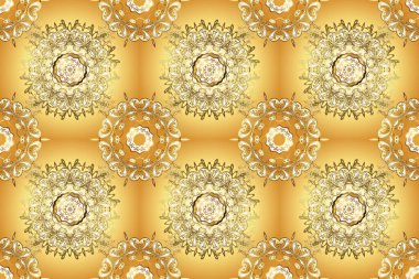 Hassas altın deseni açın. Parlak dantel, stilize çiçekler, şal desenli. Raster. Doğu tarzı arabesk. Altın kıvrımlı kumaş. Sarı ve bej renklerde altın elementlerle desen.