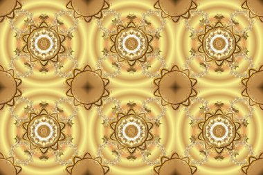 Raster illüstrasyonu. Altın şablon. Kusursuz desenli altın elementler. Kart, duvar kağıdı, ambalaj ve tekstil için klasik tasarım. Bej ve sarı renkli Royal retro. Çiçeksel klasik doku.