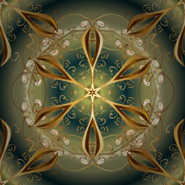 Tarafsız, kahverengi ve altın elementli yeşil renklerde altın desen. Süslü vektör dekorasyonu. Barok tarzında eskiz tasarımı için kusursuz damaske desen arkaplanı.