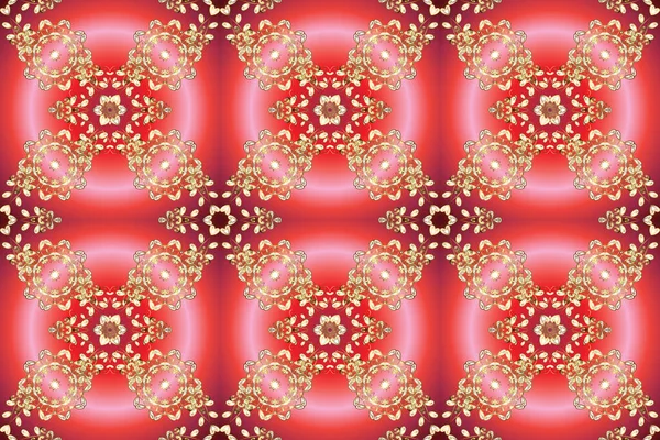 Raster golden pattern. Oriental style arabesques golden pattern on a pink and red colors with golden elements. Seamless textured curls.