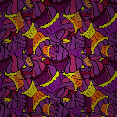 Mor, siyah ve mor üzerine güzel bir doğum günü geçmişi var. Sweets arka plan tasarımı. Vektör çizimi. Tatlı kek desenli kusursuz desen..