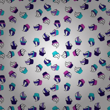 Güzel yemek tasarımı elementleri, parmak izi ve desenler için mükemmel. Elle çizilmiş kusursuz desenli siyah, mavi ve beyaz üzerine leziz kekler. Vektör illüstrasyonu.