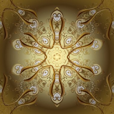 Classic  golden seamless pattern. Floral ornament brocade textile pattern, glass, metal with floral pattern on beige, brown and yellow colors with golden elements.