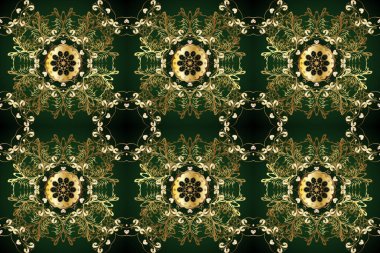 Golden seamless pattern on blue and gray colors with golden elements. Christmas, snowflake, new year. Seamless vintage pattern on blue and gray colors with golden elements.