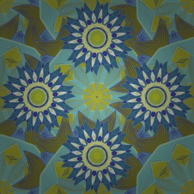 Yumuşak, bahar çiçekleri mavi, tarafsız ve yeşil renklerde. Vektör deseni. Patlayan çiçekler soyut olarak yerleştirilmiş. Vektör illüstrasyonu.