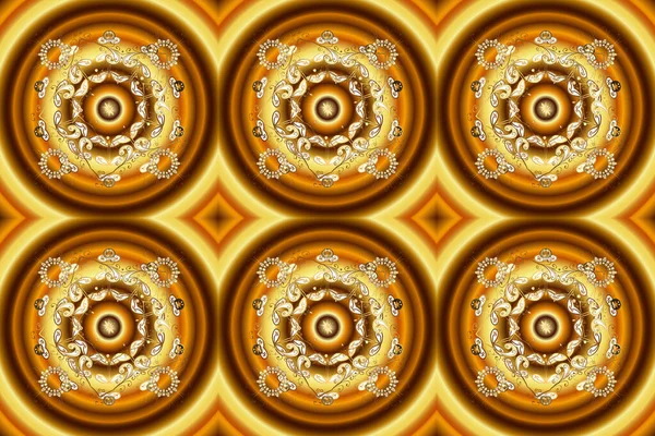 Golden pattern on brown and yellow colors with golden elements. Traditional orient ornament. Classic vintage background. Seamless classic raster golden pattern.
