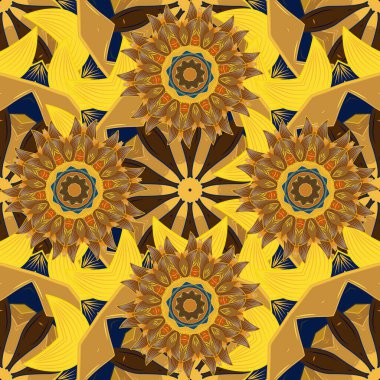 Parlak renkli çiçekleri ve sarı, mavi ve kahverengi renkte yaprakları olan şaşırtıcı, pürüzsüz çiçek deseni. Modern çiçek arkaplanı. Halk tarzı. Moda baskıları için zarif bir şablon.