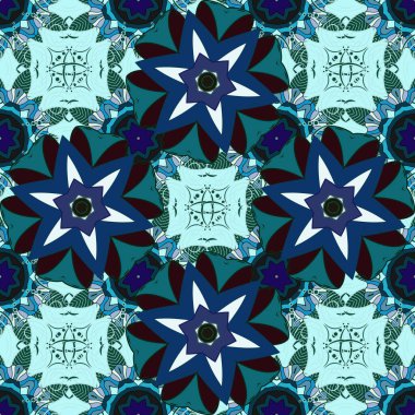 Eski usul. Kusursuz bir geçmişi var. Renkli desenli, nötr, kahverengi ve mavi çiçekler ve dekoratif elementlerle kusursuz desen. Kumaş, tekstil ve çizim için. Vektör illüstrasyonu