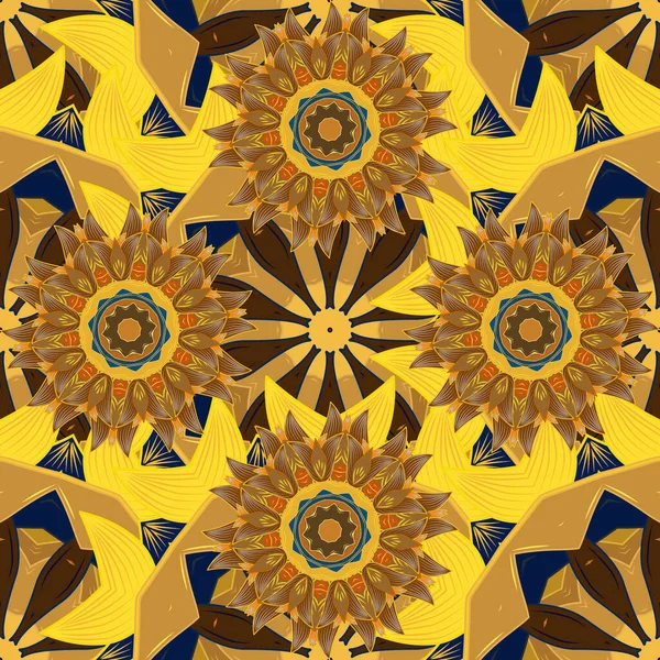 Parlak renkli çiçekleri ve sarı, mavi ve kahverengi renkte yaprakları olan şaşırtıcı, pürüzsüz çiçek deseni. Modern çiçek arkaplanı. Halk tarzı. Moda baskıları için zarif bir şablon.