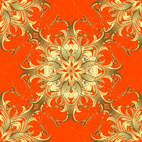 Vecteur Ornement Floral Doré Brocart Textile Motif Verre Couleurs Orange — Image vectorielle