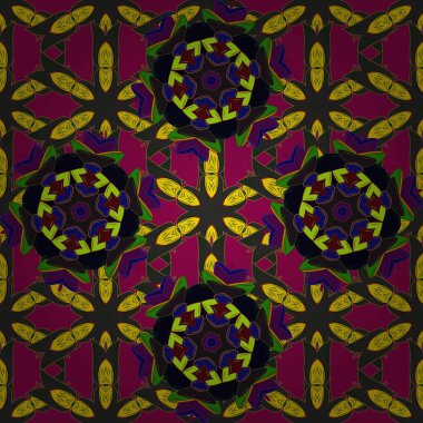 Vektör çizimi. Gri, mor ve sarı renkli çiçekler. Çiçek süsü ile kusursuz desen.