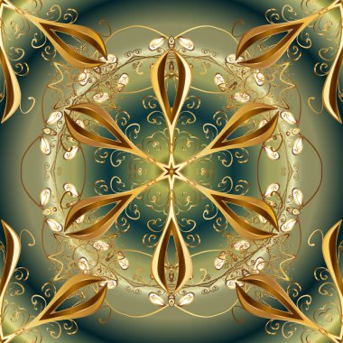Yeşil, kahverengi ve nötr yerine altın rengi klasik barok çiçekli desenler. Lüks, kraliyet ve Viktorya dönemi konsepti. Süslü vektör dekorasyonu. Yeşil, kahverengi ve nötr renklerde altın element.
