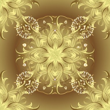 Doğulu stil, altın elementlerle altın deseni nötr ve kahverengi renklerle donatır. Kusursuz kıvırcık saçlar. Vektör altın desen.