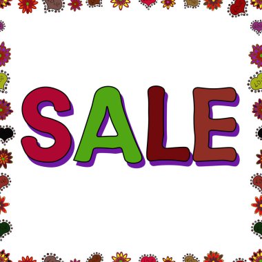 Kusursuz desen. Süslü vektör renkli elementler çerçevesi. Satılık. Kırmızı, beyaz ve kahverengi renkli resim. Mevsimlik indirimler ayarlandı. Harf.