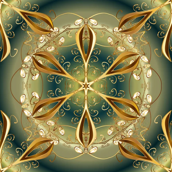 Яскравий Барвистий Квітковий Візерунок Золоті Над Зеленим Коричневим Нейтральним Розкіш — стоковий вектор