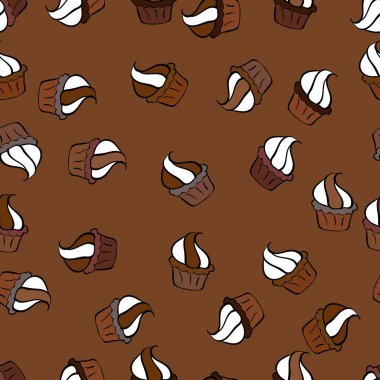 Vektör çizimi. Beyaz, kahverengi ve siyah üzerine besin afişi tasarımı için. Kekin yanında kusursuz. Paket kağıdı.