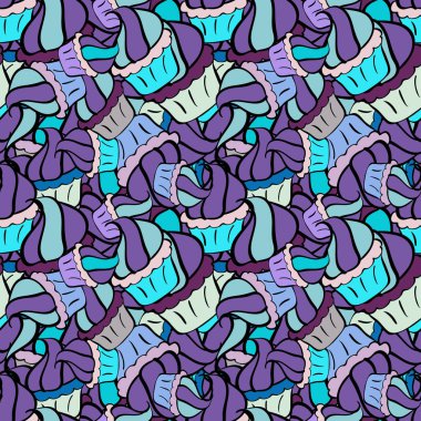 Mor, mavi ve siyah renkte parlak doğum günü deseni. Vektör. Paket kağıdı. Keklerle suluboya kusursuz desen.