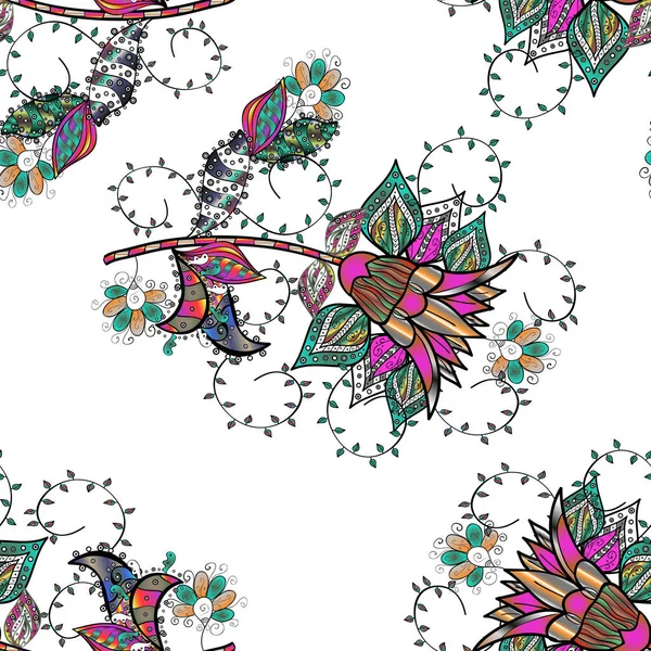 Векторный Цветочный Узор Стиле Каракулей Цветами Летний Цветочный Зеленых Черно — стоковый вектор