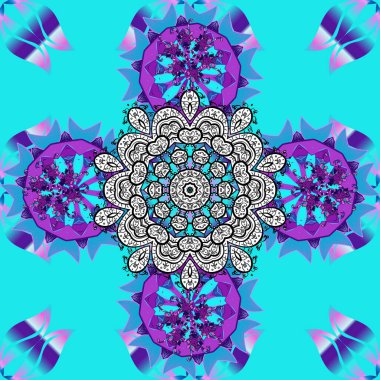 Vektör çizimi. Çiçek deseni. Şatafatlı bahar bahçesi dokusu. Mor, mavi ve beyaz renklerde çiçeksiz. Mor, mavi ve beyaz renkte çiçekler.