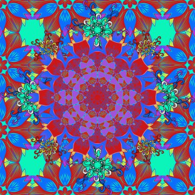 Çiçek süsü ile kusursuz desen. Vektör çizimi. Mavi, yeşil ve kırmızı renkte çiçekler.