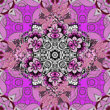 Çiçeklerle suluboya desenli çiçek deseni. Vektör çizimi. Pembe ve mor renkli Asya tekstili.