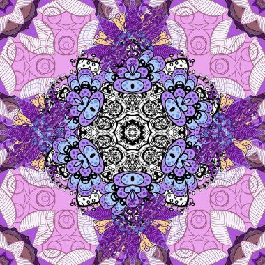 Tarafsız, pembe ve mor renklerde etnik çiçeklerle kusursuz bir desen. Şirin tekstil içinde Vektör Çiçek İllüstrasyonu.