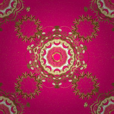 Damask arkaplanı. Mor ve kahverengi renklerde altın element. Barok tarzında altın rengi ve kahverengi çiçek süsü. Şablon. Altın çiçekli duvar kağıdı.