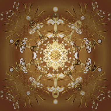 Altın antika ortaçağ dekoratifi, yaprakları ve kahverengi ve bej renklerinde altın desenli süslemeleri olan vektörsüz desen. Kusursuz kraliyet lüksü, altın barok kumaş rengi..