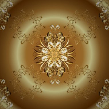 Kusursuz ahşap oyma. Altın kaplamalı bej ve kahverengi arkaplan. Klasik mobilya tarzı. Lüks mobilyalar. Altın elementlerle bej ve kahverengi renkte desen. Küçük alan derinliği.