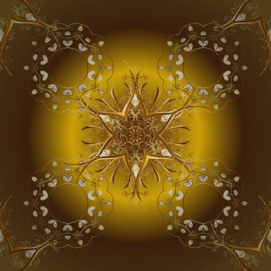 Sarı ve kahverengi renklerde ve altın elementlerle kusursuz klasik desen. Noel, kar tanesi, yeni yıl 2019.